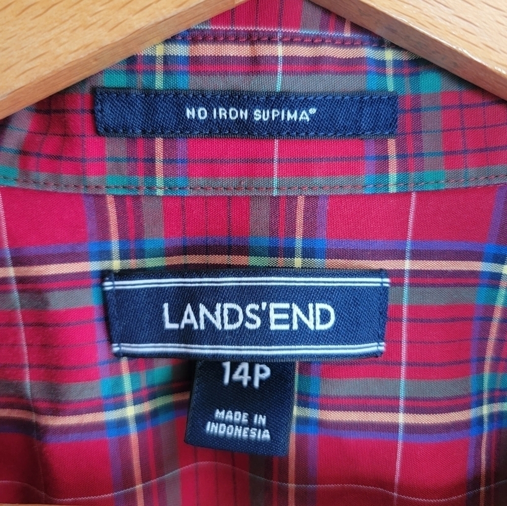 Lands' End | Red Plaid Petite Popover Shirt in No-Iron Supima Cotton Size 14P - Picture 3 of 4